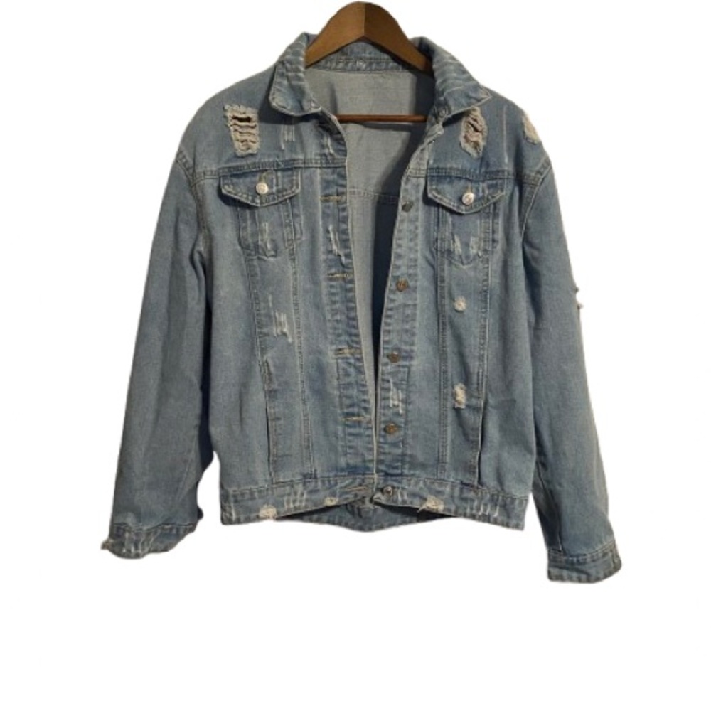 Distressed Light Blue Denim Jean Jacket Button Up Grunge Size Large